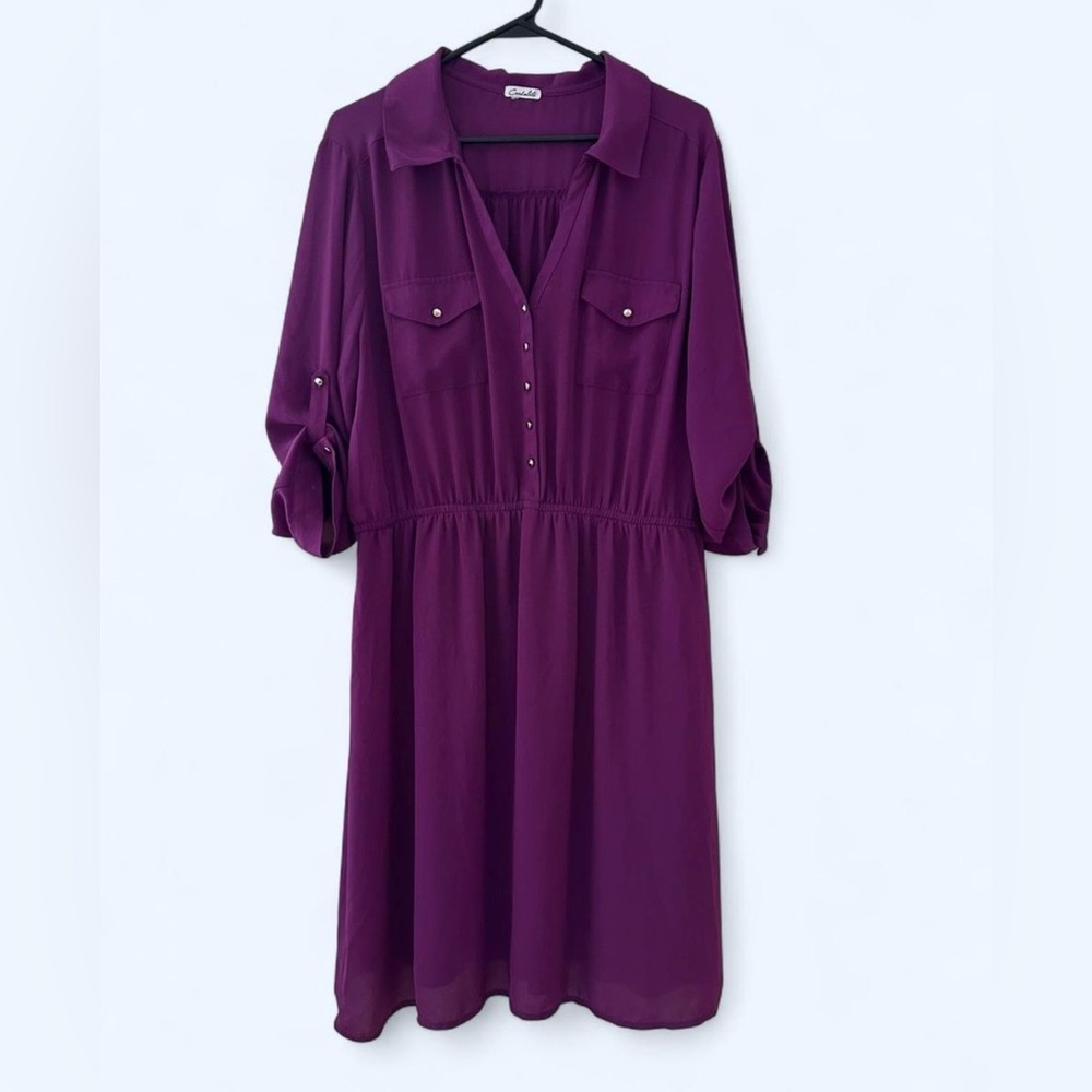 Candalite Button Front Roll Tab Sleeve Dress in Purple, Pockets, Cinched Waist